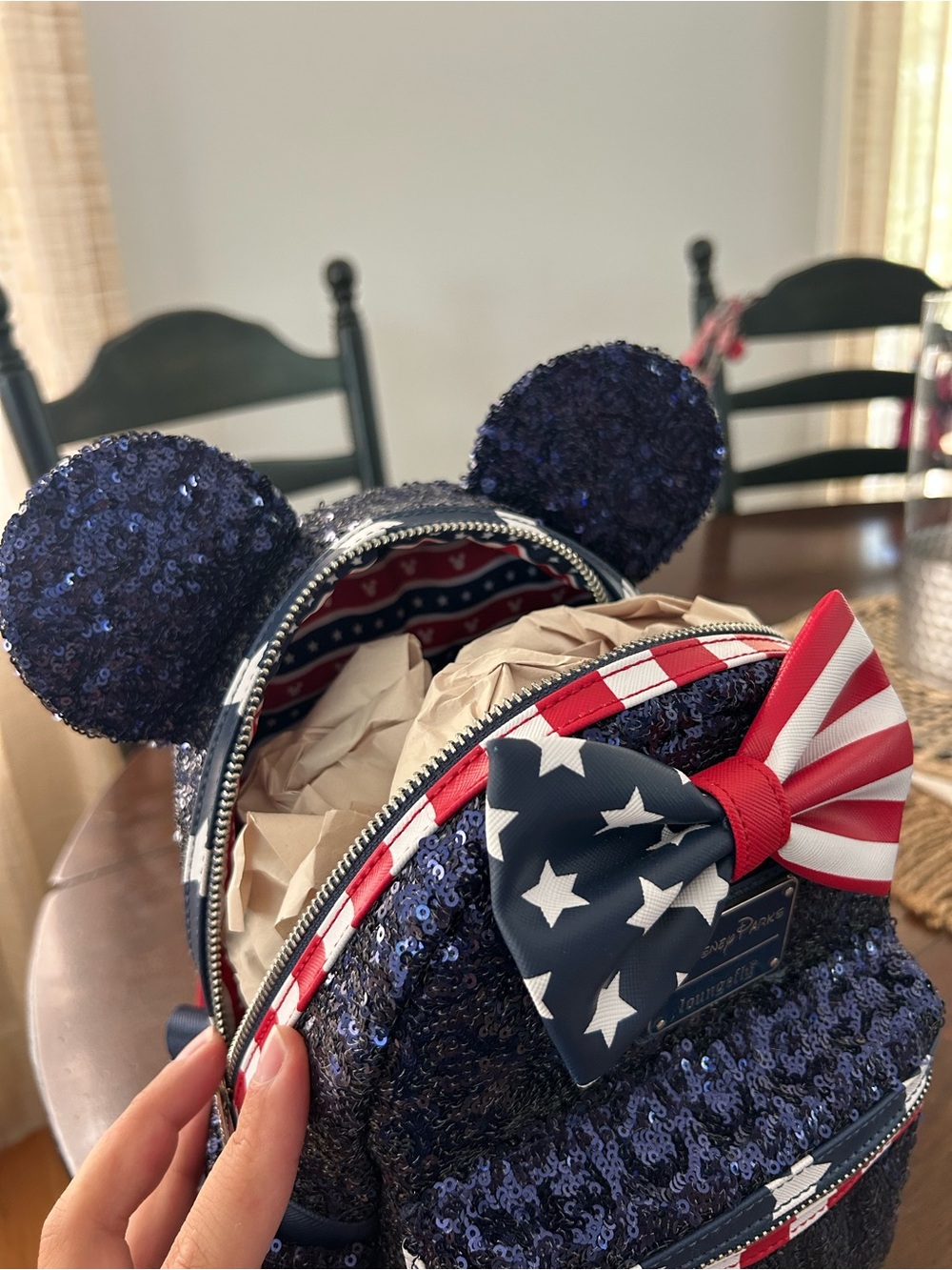 Loungefly Disney Parks Navy Sequin Minnie Ear Backpack with American Flag Bow - Picture 5 of 5